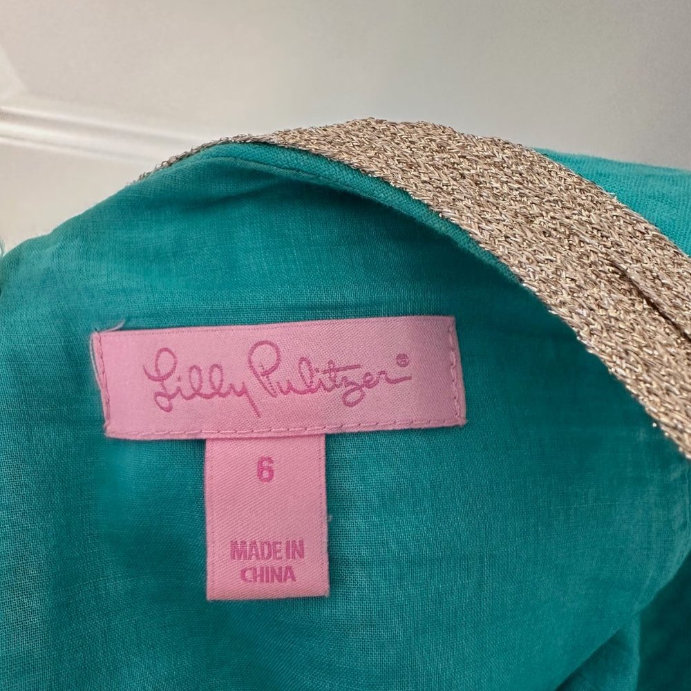 Lilly Pulitzer Janice Shift Dress, Teal and Gold, Size 6 - Picture 5 of 6